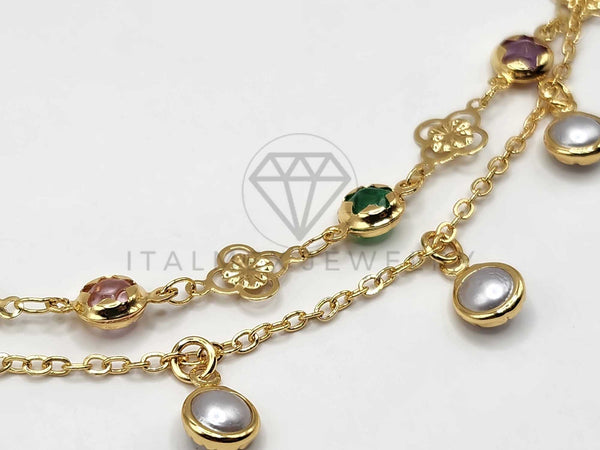 Tobillera Ajustable - 106384 - Tobillera Perla y Flores con CZ Colores Oro Laminado 18K