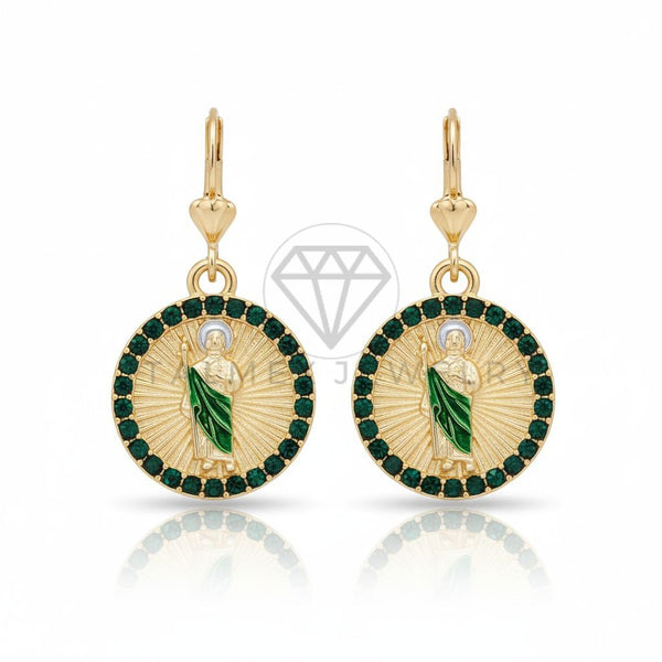 Arete de Lujo - 106700 - Arete San Judas CZ Verde - Oro Laminado 18K