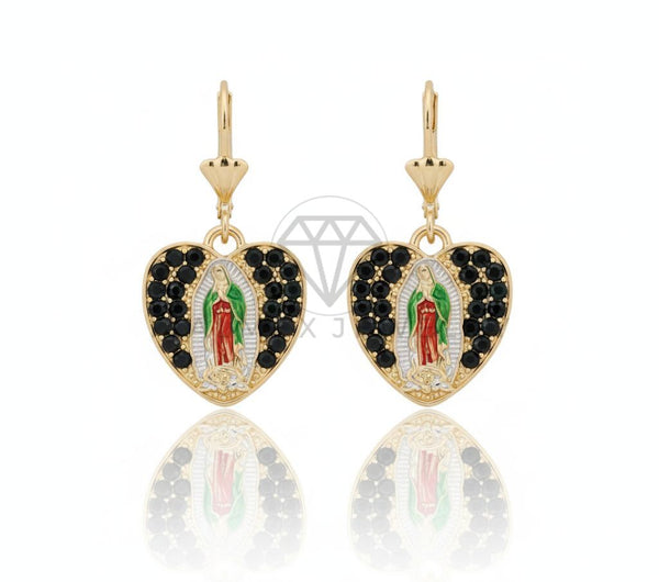 Arete de Lujo - 106701 - Arete Corazon Virgen de Guadalupe CZ Negra - Oro Laminado 18K