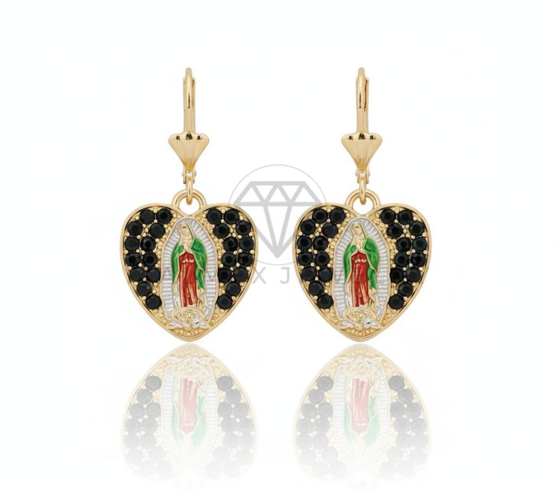Arete de Lujo - 106701 - Arete Corazon Virgen de Guadalupe CZ Negra - Oro Laminado 18K