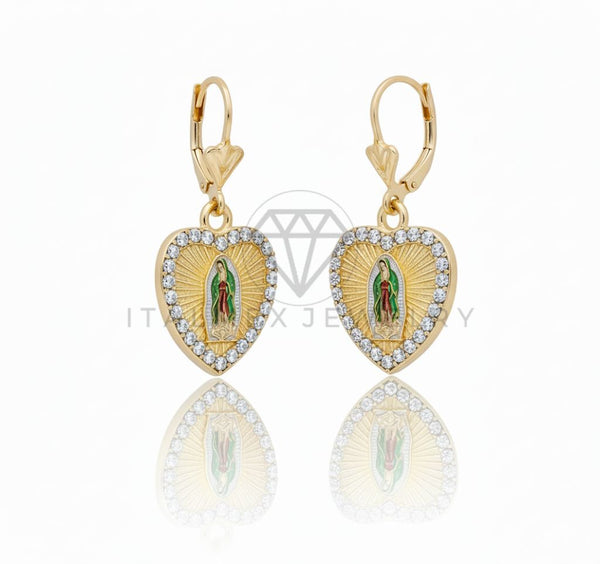 Arete de Lujo - 106702 - Arete Corazon Virgen de Guadalupe CZ Clara - Oro Laminado 18K