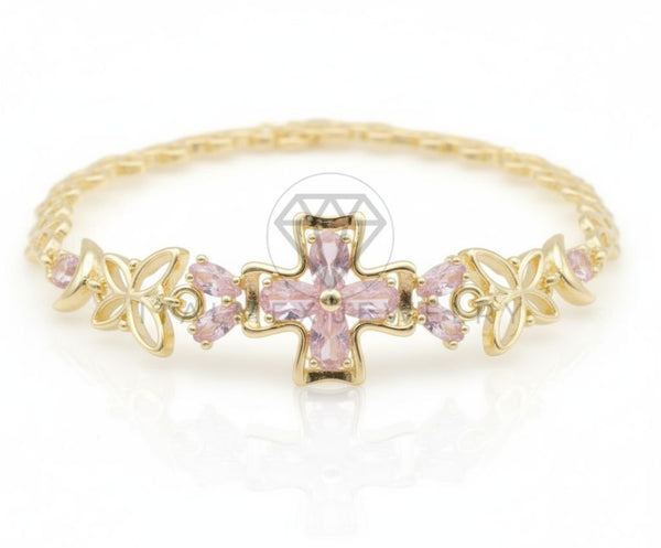 Pulsera de Lujo - 106562 - Pulsera Flor y Mariposas CZ Rosa - Oro Laminado 18K