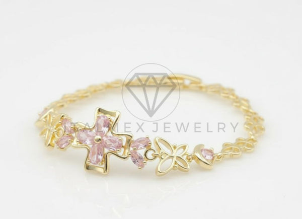 Pulsera de Lujo - 106562 - Pulsera Flor y Mariposas CZ Rosa - Oro Laminado 18K