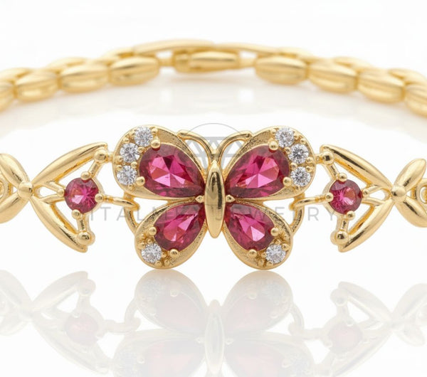 Pulsera de Lujo - 106566 - Pulsera Mariposa CZ Rosa y Clara - Oro Laminado 18K