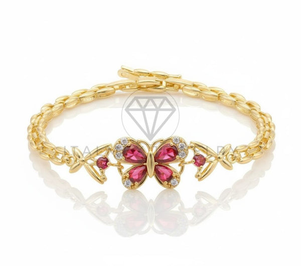 Pulsera de Lujo - 106566 - Pulsera Mariposa CZ Rosa y Clara - Oro Laminado 18K