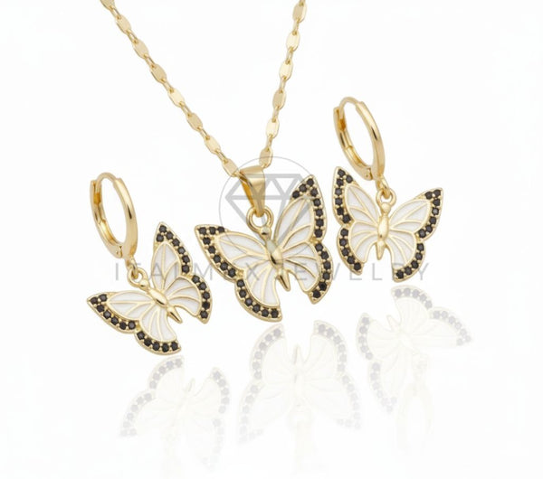 Juego de Lujo - 106574 - Juego Mariposas Blancas CZ Negra - Oro Laminado 18K