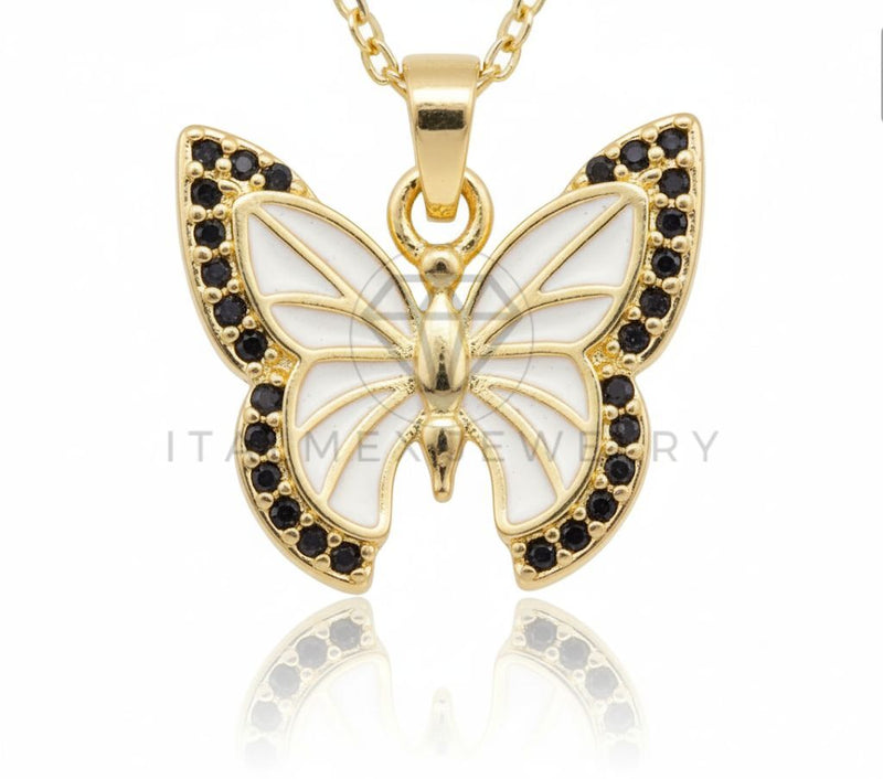 Juego de Lujo - 106574 - Juego Mariposas Blancas CZ Negra - Oro Laminado 18K
