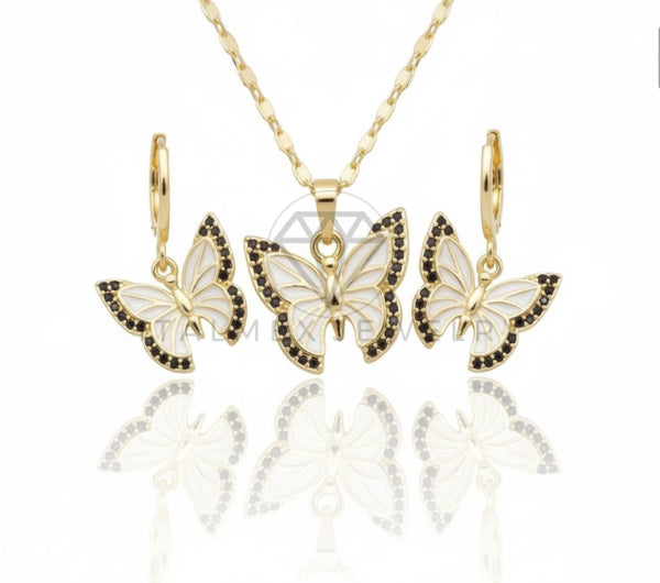 Juego de Lujo - 106574 - Juego Mariposas Blancas CZ Negra - Oro Laminado 18K