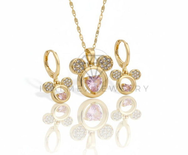 Juego de Lujo - 106578 - Juego Estilo Ratoncita  CZ Clara con Corazon CZ Rosa - Oro Laminado 18K