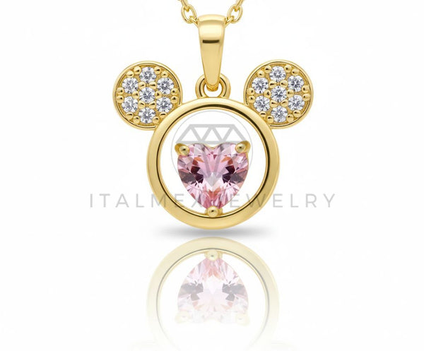 Juego de Lujo - 106578 - Juego Estilo Ratoncita  CZ Clara con Corazon CZ Rosa - Oro Laminado 18K