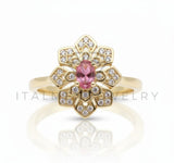 Anillo de Lujo - 106589 - Anillo Ajustable Flor CZ Clara y Rosa - Oro Laminado 18K