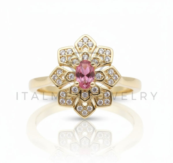 Anillo de Lujo - 106589 - Anillo Ajustable Flor CZ Clara y Rosa - Oro Laminado 18K