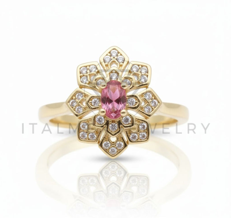 Anillo de Lujo - 106589 - Anillo Ajustable Flor CZ Clara y Rosa - Oro Laminado 18K