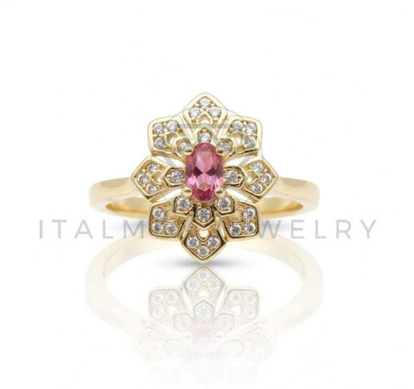 Anillo de Lujo - 106589 - Anillo Ajustable Flor CZ Clara y Rosa - Oro Laminado 18K
