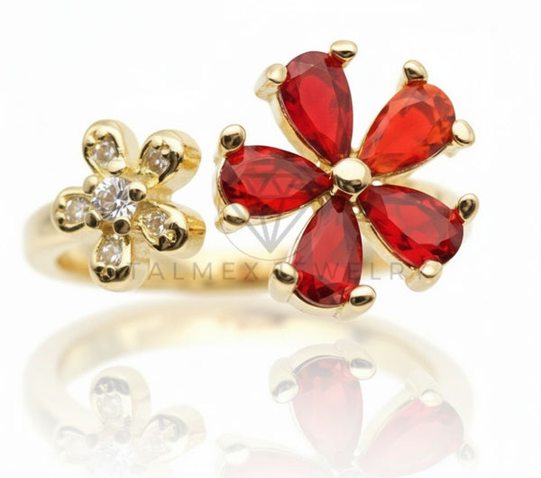 Anillo de Lujo - 106593 - Anillo Ajustable Flor CZ Roja y Clara - Oro Laminado 18K