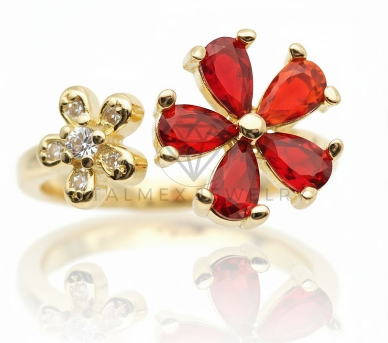 Anillo de Lujo - 106593 - Anillo Ajustable Flor CZ Roja y Clara - Oro Laminado 18K