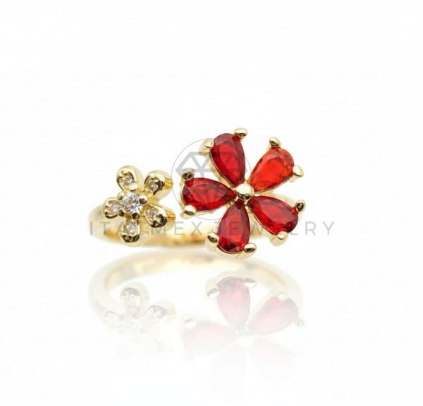 Anillo de Lujo - 106593 - Anillo Ajustable Flor CZ Roja y Clara - Oro Laminado 18K