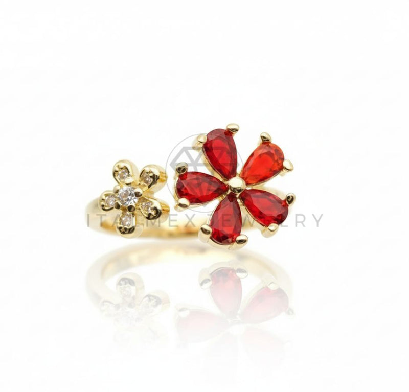 Anillo de Lujo - 106593 - Anillo Ajustable Flor CZ Roja y Clara - Oro Laminado 18K