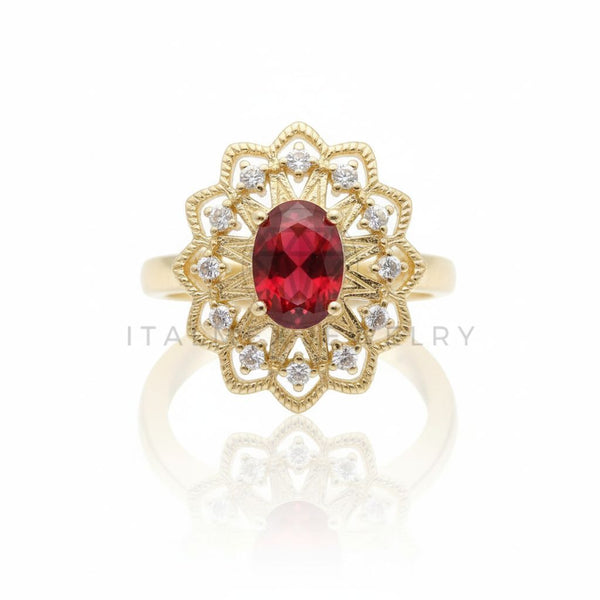 Anillo de Lujo - 106594 - Anillo Ajustable Piedra Roja Ovalada CZ Clara - Oro Laminado 18K