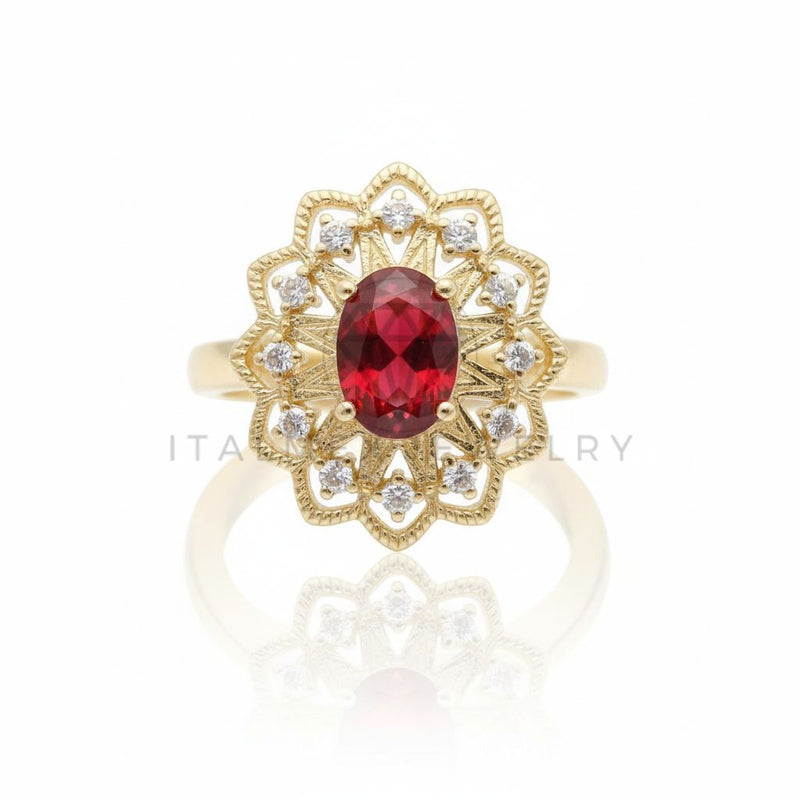 Anillo de Lujo - 106594 - Anillo Ajustable Piedra Roja Ovalada CZ Clara - Oro Laminado 18K