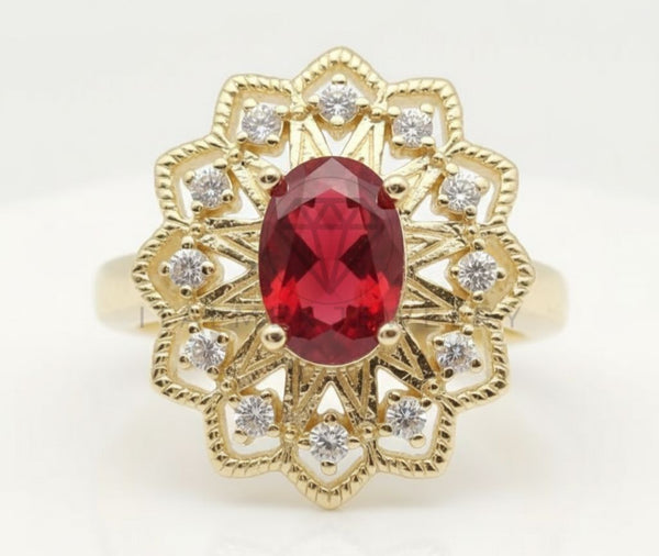 Anillo de Lujo - 106594 - Anillo Ajustable Piedra Roja Ovalada CZ Clara - Oro Laminado 18K
