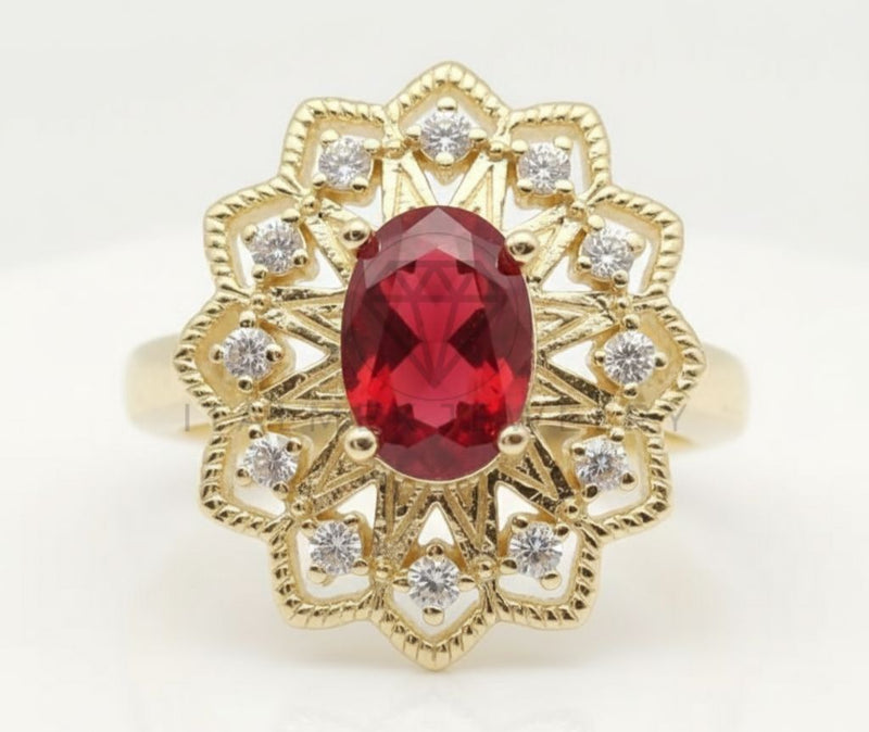 Anillo de Lujo - 106594 - Anillo Ajustable Piedra Roja Ovalada CZ Clara - Oro Laminado 18K