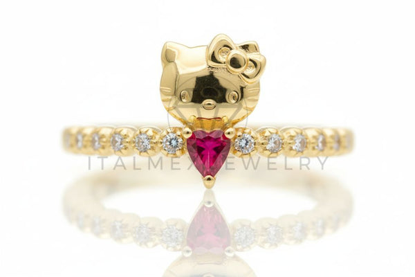 Anillo de Lujo - 106598 - Anillo Ajustable Estilo Hello Kitty Corazon CZ Rosa y Clara - Oro Laminado 18K