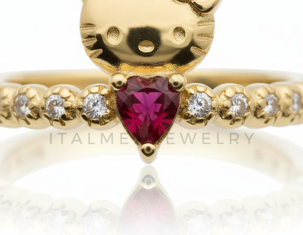 Anillo de Lujo - 106598 - Anillo Ajustable Estilo Hello Kitty Corazon CZ Rosa y Clara - Oro Laminado 18K