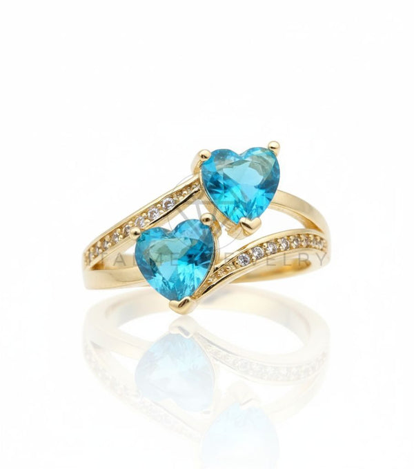 Anillo de Lujo - 106599 - Anillo Ajustable CZ Corazones Azules y CZ Clara - Oro Laminado 18K