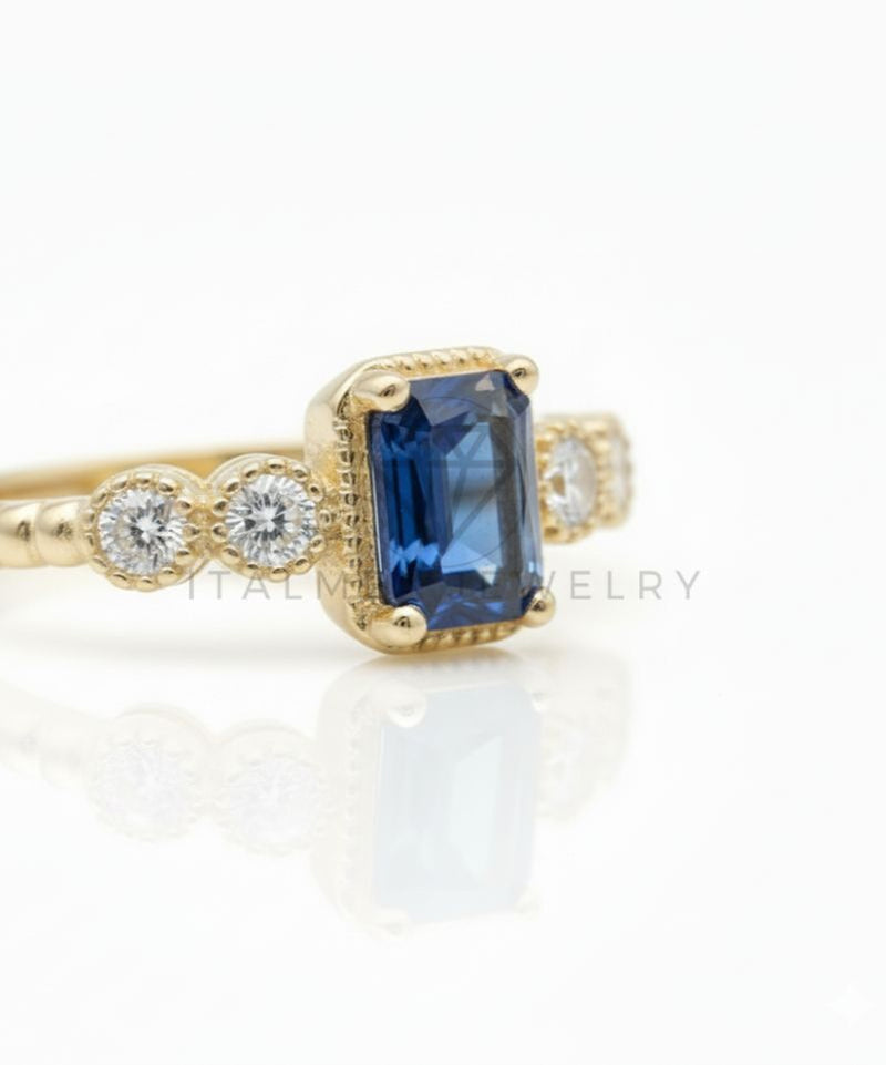 Anillo de Lujo - 106600 - Anillo Ajustable Piedra Azul y CZ Clara - Oro Laminado 18K