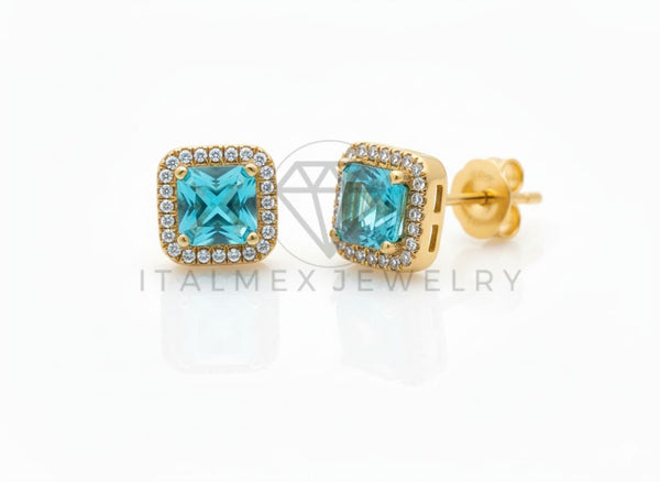 Arete de Lujo - 106602 - Arete Piedra Azul Cuadrada CZ Clara - Oro Laminado 18K