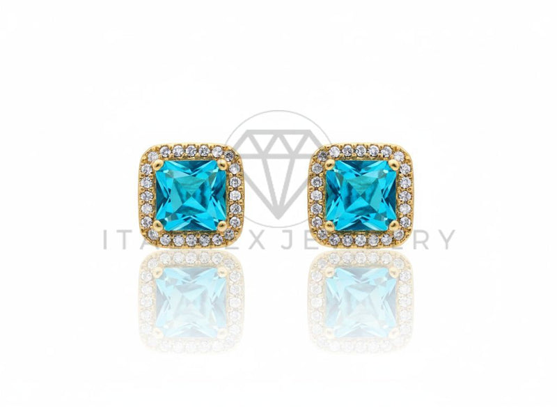Arete de Lujo - 106602 - Arete Piedra Azul Cuadrada CZ Clara - Oro Laminado 18K