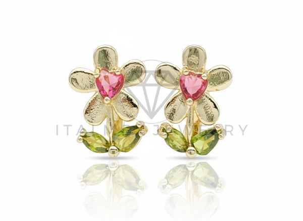 Arete de Lujo - 106611 - Arete Flor CZ Colores - Oro Laminado 18K