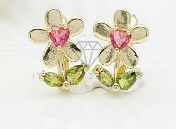 Arete de Lujo - 106611 - Arete Flor CZ Colores - Oro Laminado 18K