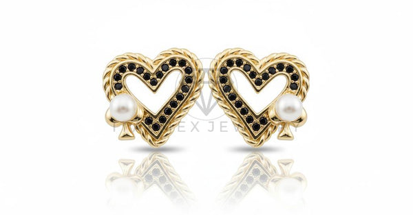 Arete de Lujo - 106609 - Arete Corazon CZ Negra con Perlita- Oro Laminado 18K