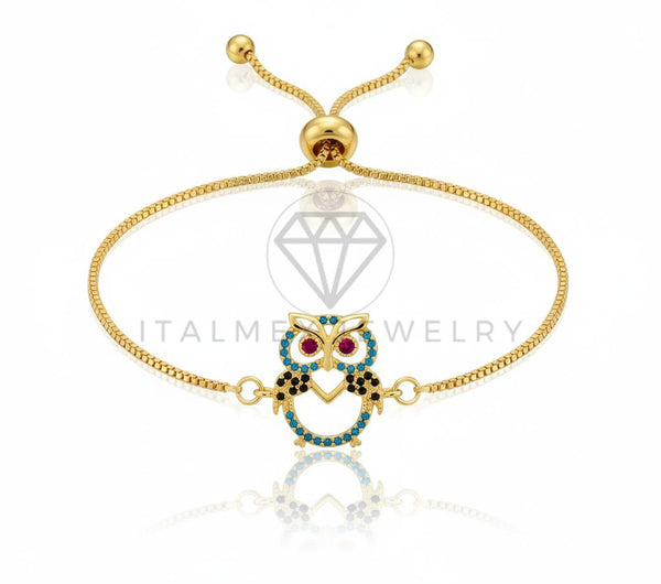 Pulsera de Lujo - 106619 - Pulsera Ajustable Buho CZ Colores - Oro Laminado 18K