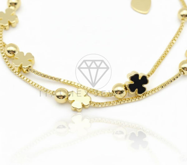 Pulsera de Lujo - 106627 - Pulsera Ajustable Trebol y Bolitas - Oro Laminado 18K