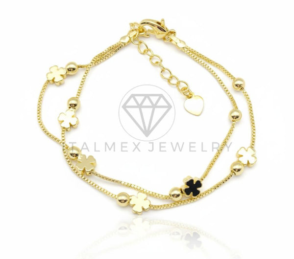 Pulsera de Lujo - 106627 - Pulsera Ajustable Trebol y Bolitas - Oro Laminado 18K