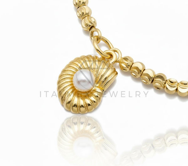 Pulsera de Lujo - 106629 - Pulsera Ajustable Concha con Perla CZ Clara - Oro Laminado 18K