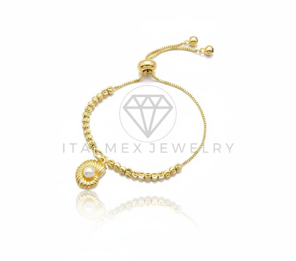 Pulsera de Lujo - 106629 - Pulsera Ajustable Concha con Perla CZ Clara - Oro Laminado 18K