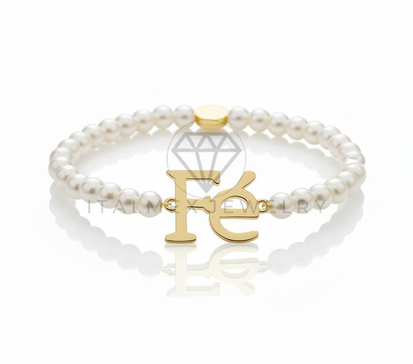 Pulsera de Lujo - 106631 - Pulsera "Fé" con Perlas - Oro Laminado 18K