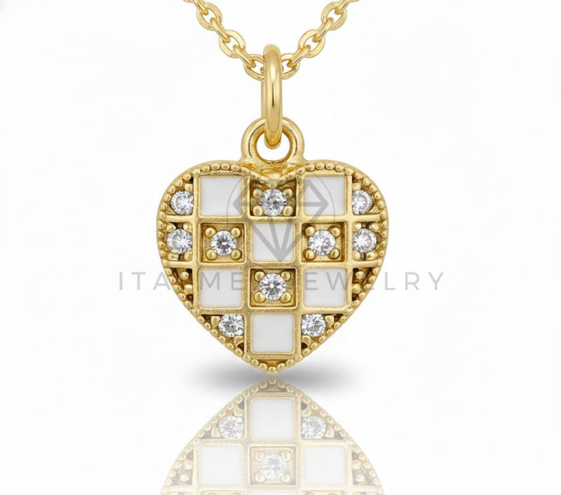 Collar Elegante - 106644 - Collar Corazon Blanco a Cuadros CZ Clara - Oro Laminado 18K