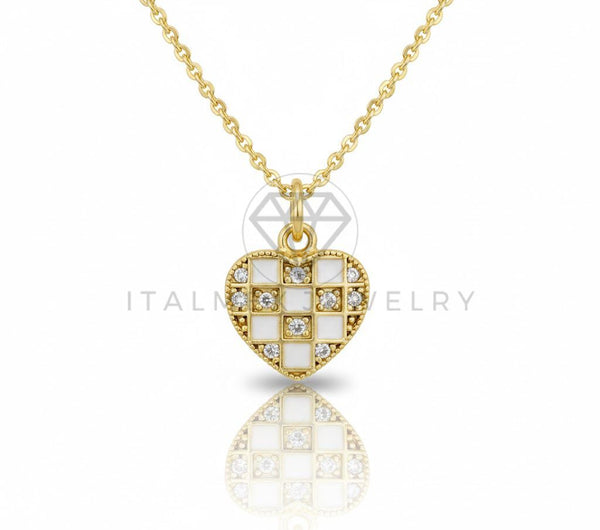Collar Elegante - 106644 - Collar Corazon Blanco a Cuadros CZ Clara - Oro Laminado 18K