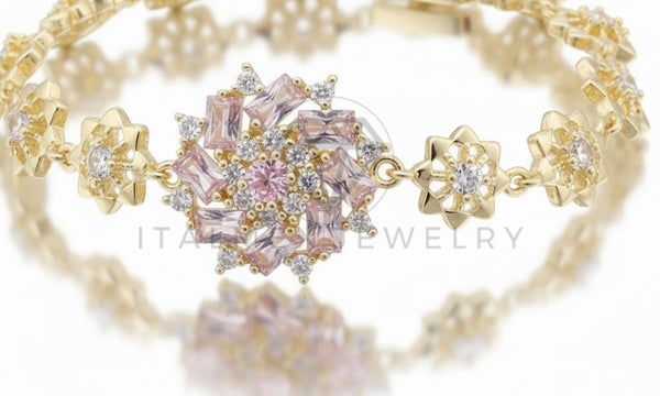 Pulsera de Lujo - 106753 - Pulsera Flor CZ Rosa y Clara - Oro Laminado 18K
