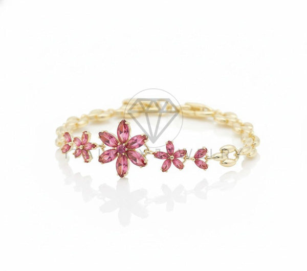 Pulsera de Lujo - 106751 - Pulsera Flores CZ Rosa - Oro Laminado 18K