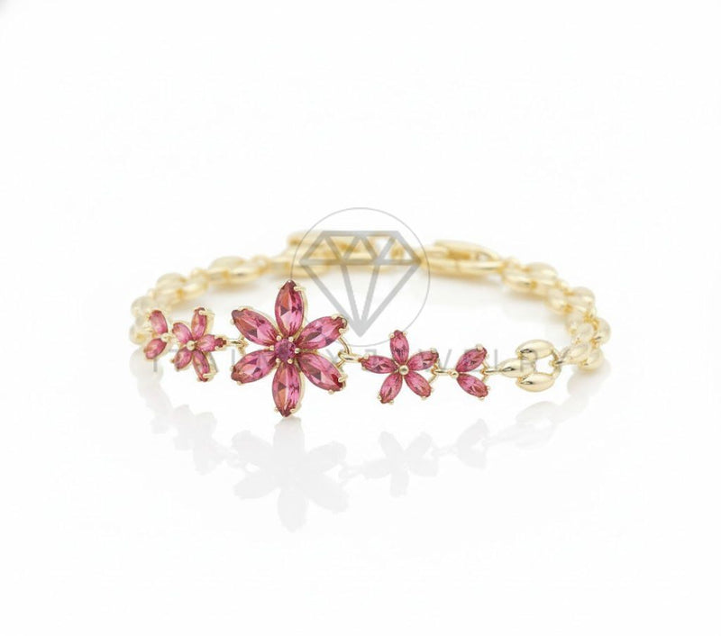 Pulsera de Lujo - 106751 - Pulsera Flores CZ Rosa - Oro Laminado 18K