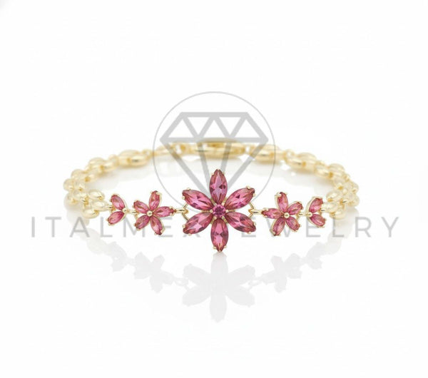 Pulsera de Lujo - 106751 - Pulsera Flores CZ Rosa - Oro Laminado 18K