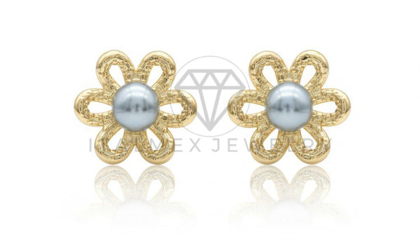 Arete de Lujo - 106758 - Arete Flor con Perla - Oro Laminado 18K