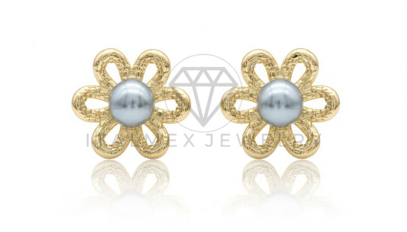 Arete de Lujo - 106758 - Arete Flor con Perla - Oro Laminado 18K