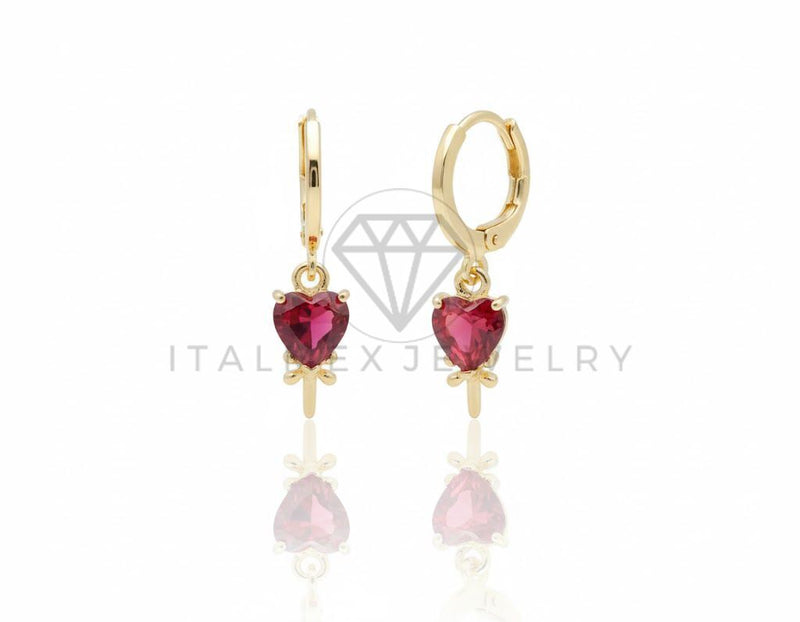 Arete de Lujo - 106759 - Huggie Corazon Rosa y Flor - Oro Laminado 18K